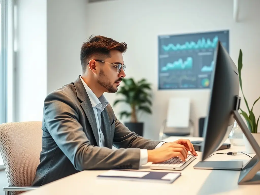 A consultant deeply analyzing automotive market data, surrounded by charts and graphs, in a modern office setting, reflecting strategic advisory services.