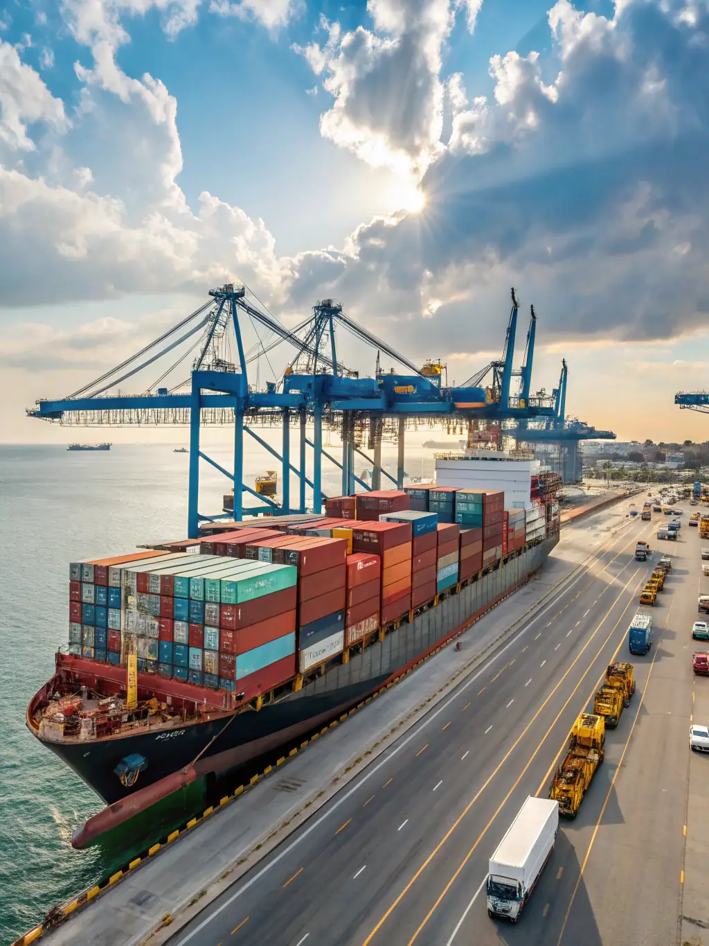 A high-quality photo of a container ship loaded with cars, symbolizing vehicle export services offered by American Country Cars LLC.