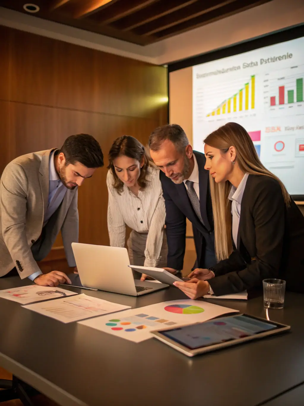 A strategic planning meeting with charts and graphs, illustrating data-driven decision-making for automotive business growth.