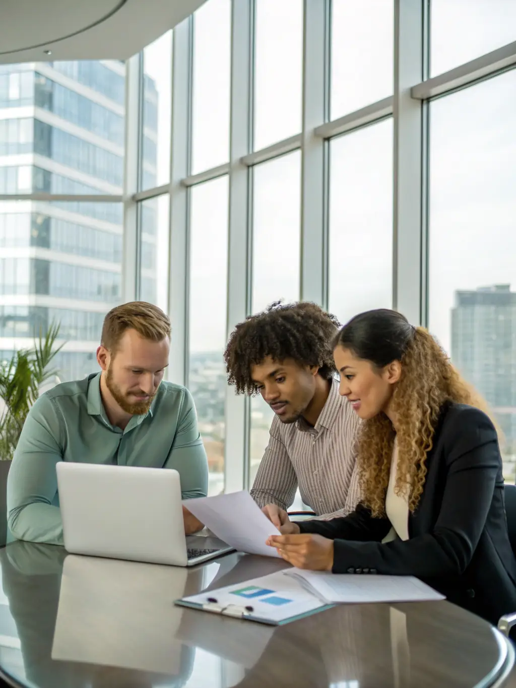 A professional image of consultants brainstorming in a modern office setting, illustrating strategic advisory services.