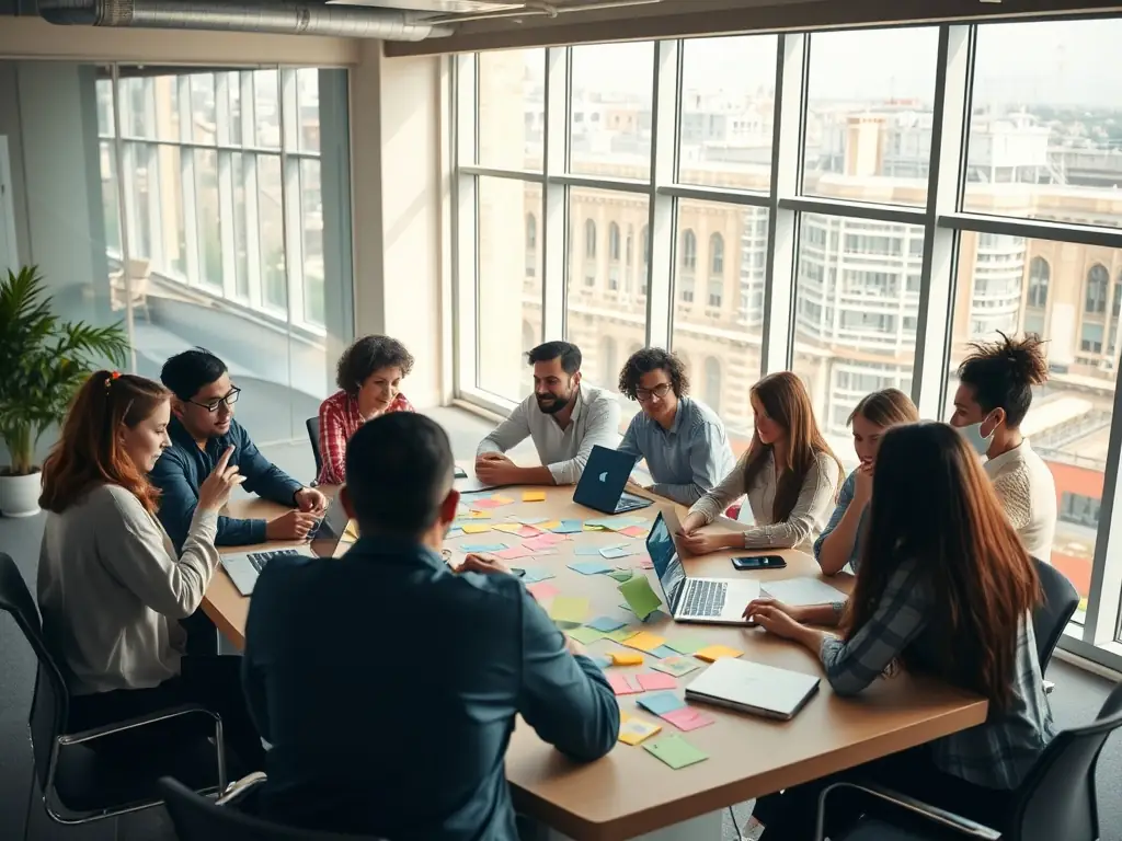 A dynamic marketing team brainstorming ideas around a table, with digital ads and marketing analytics displayed on a large screen.
