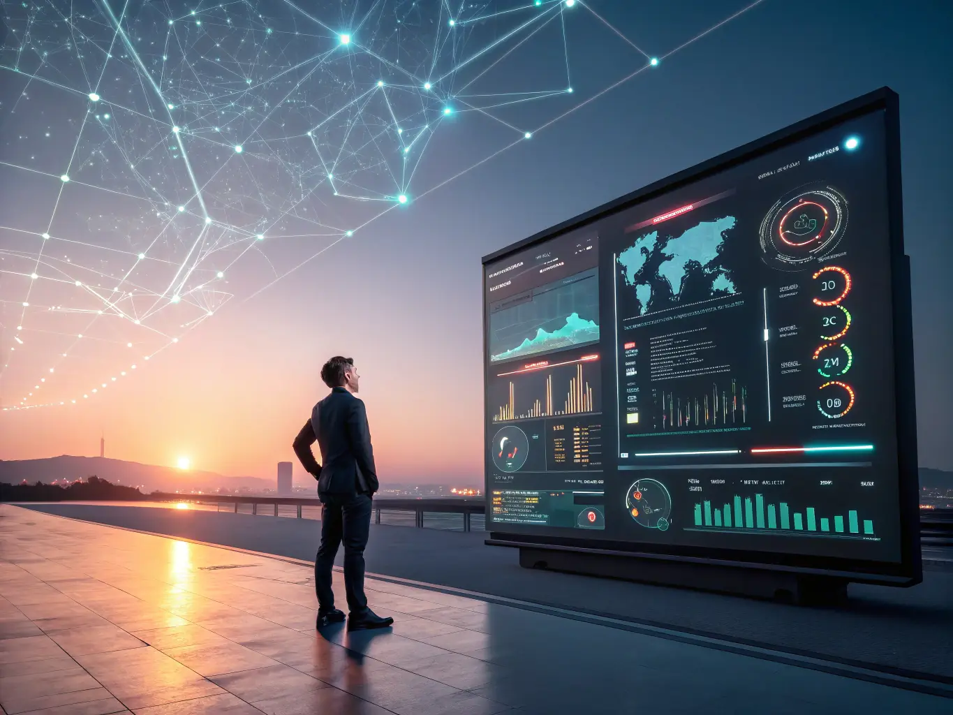 A futuristic interface showing AI algorithms optimizing a supply chain, with vehicles moving efficiently through a transportation network.