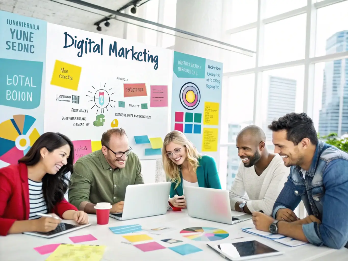 A diverse team of marketing professionals collaborating on an advertising campaign for a new vehicle, emphasizing advertising and marketing expertise.