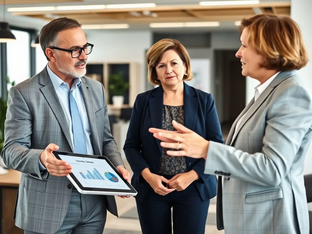 A professional consultant is advising a client in a modern office setting, discussing strategies for vehicle export with charts and data visible on a screen in the background.